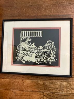 Framed Silhouette Paper-Cut Art with Dog and Garden Scene